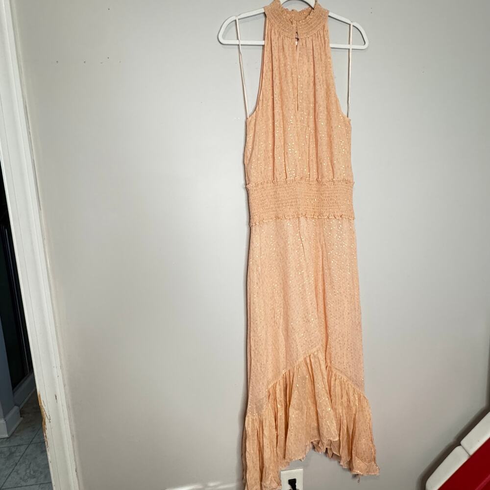 A.L.C. Kaia Halter Neck Blush Smocked Silk Metallic Midi Dress Size 8 NWT - Picture 6 of 10
